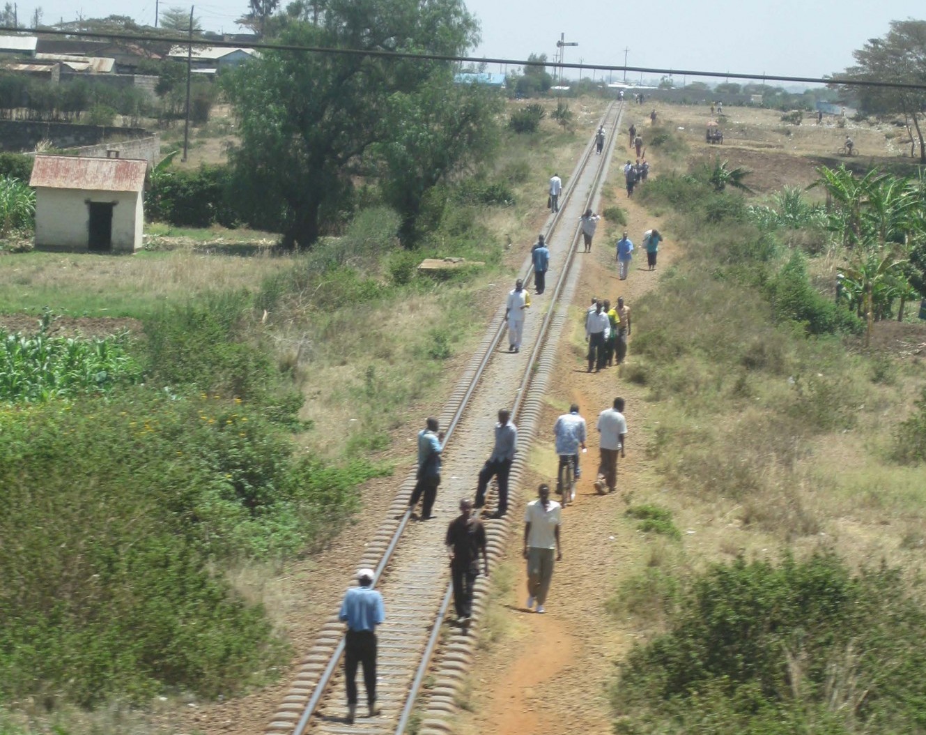 Men on railroad tracks