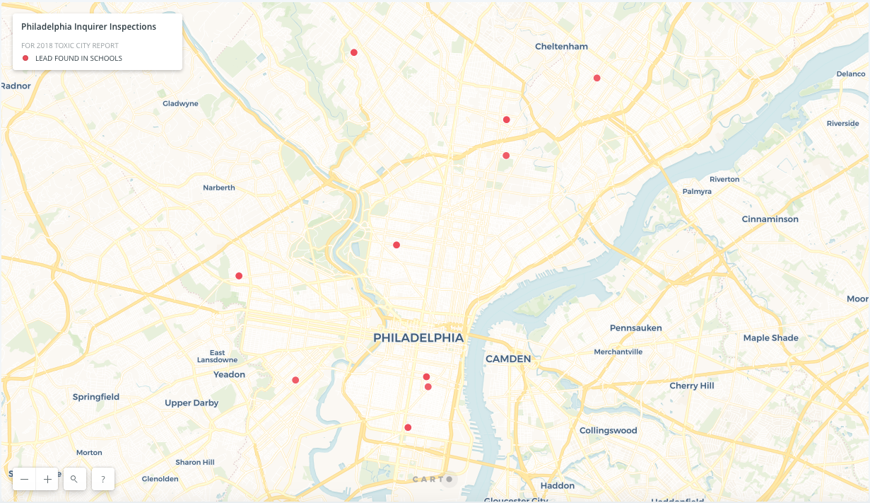 Philadelphia Schools with Flaking Lead Paint in Classrooms and Hallways, Source: 2018 Reporting by Philadelphia Inquirer